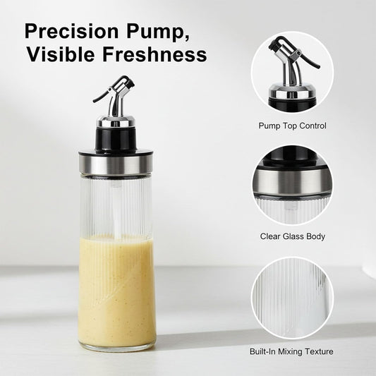Salad Dressing Shaker Bottle, Ribbed Glass Dressing Bottle for Kitchen Table, Glass Oil Dispenser, Syrup Dispenser, Soy Sauce Dispenser and Condiment Bottle for Meal Prep, Dining and Coffee Bar