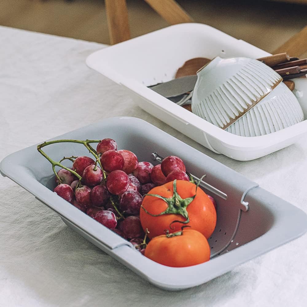 KesaPlan Collapsible Sink Colanders and Strainers Basket Over the Colander Extendable Plastic Fruit Vegetable Strainer Drainer for Kitchen(Length 14.3-19.4 inch)(Gray Set of 2)