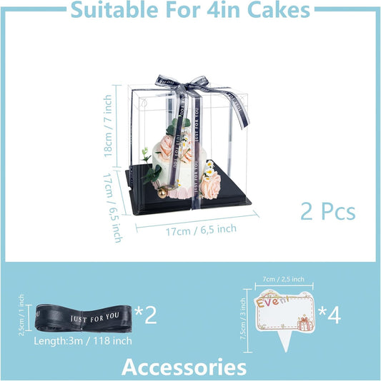 Clear Cake Box, 2 Pcs Transparent Cake Carrier Box with Lids, 4in PET Packaging Boxes with Ribbon Gift Card for Pastries, Clear Gift Boxes for Birthday, Wedding and Festival Party, Black.