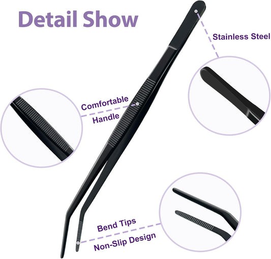 8-Inch Kitchen Tweezers Stainless Steel Culinary Plating Tweezer, Professional Chef Tweezer Food Tongs (Curved Head, Sliver)