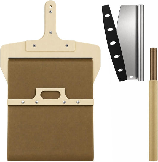 Sliding Pizza Peel, 21.7 x 13.8 in Wooden Slider Board with 13.8 in Pizza Rocker Cutter, Replacement Cloth & Ergonomic Handles, Non-Stick Slider Paddle for Easy Transfer