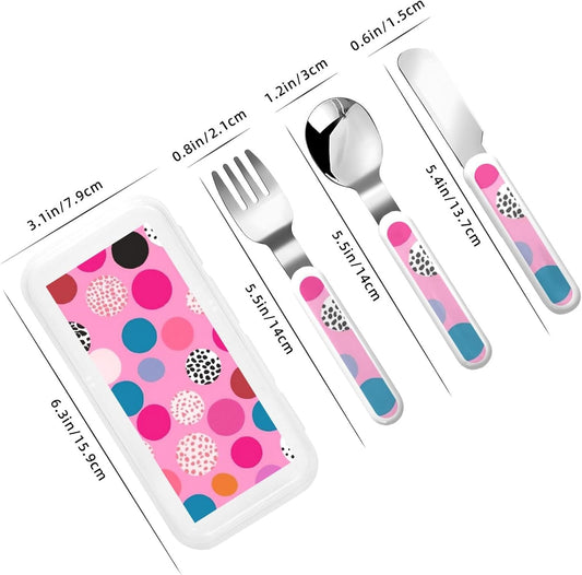 3-Piece Children Utensils Set Crazy polka dots Knife Spoon Fork Set Stainless Steel Silverware Set Easy-Grip Reusable Utensils Set Child Flatware Set with Case for Lunch Travel
