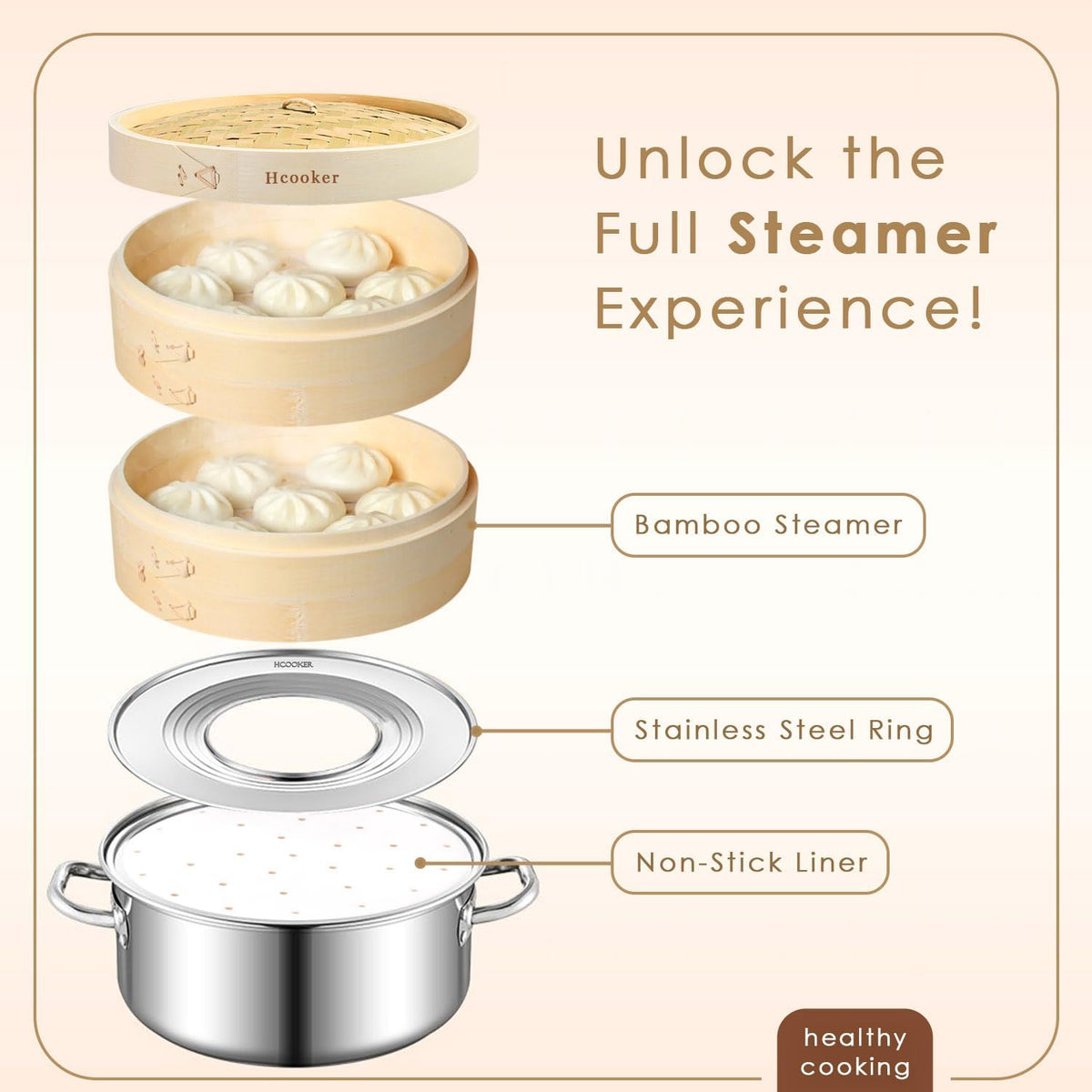 Bamboo Steamer Basket 10.6 Inch 3 Tier Dumpling Steamer Steam Pot