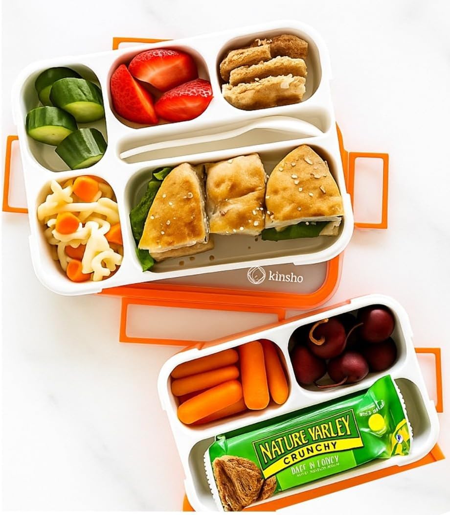 kinsho Bento Lunch-Box Set for Kids includes Snack Container | 6 and 3 Compartment Boxes Leakproof School Bentos, Meal Portion Control Containers, Boys Girls Adults, Navy Blue Large + MINI 2 Pack Set