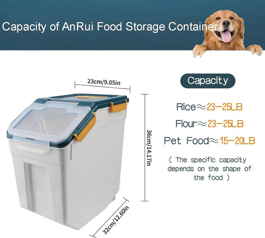 AnRui Airtight Flour Storage Container 25lb, Plastic Grain Storage Bucket, Rice Cereal Dispenser Organizer Box with Lid, Cat Dog Food Storage Bin with Measuring Cup, Scoop, Wheels, 2Pcs Green