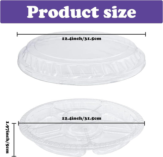 12 Pcs Round Plastic Serving Tray, Clear Round Plastic Veggie Tray with Lid, 12.4x1.97 Inch Disposable Food Storage Containers 6 Divided Compartment Container for Fruit Nut Snack