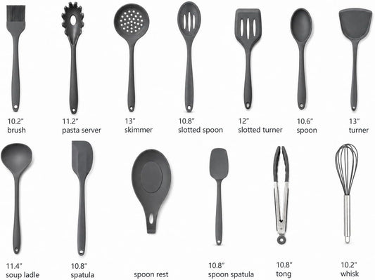 Silicone Cooking Utensil Set with Holder & Spoon Rest, -22°F to 446°F Heat Resistant Kitchen Utensils Set, Nonstick Cookware Safe Spatula Set, Spoon, Ladle, Tongs, Whisk, Pasta Server, Gray