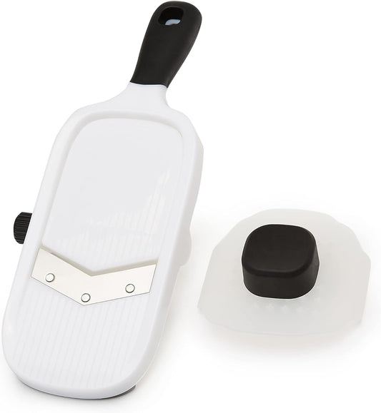 Amazon Basics Hand-held Safe Mandoline Slicer for Vegetables and Fruits, Adjustable Thickness, Stainless Steel Blade, White, 11.3" x 4.5" x 2.5"