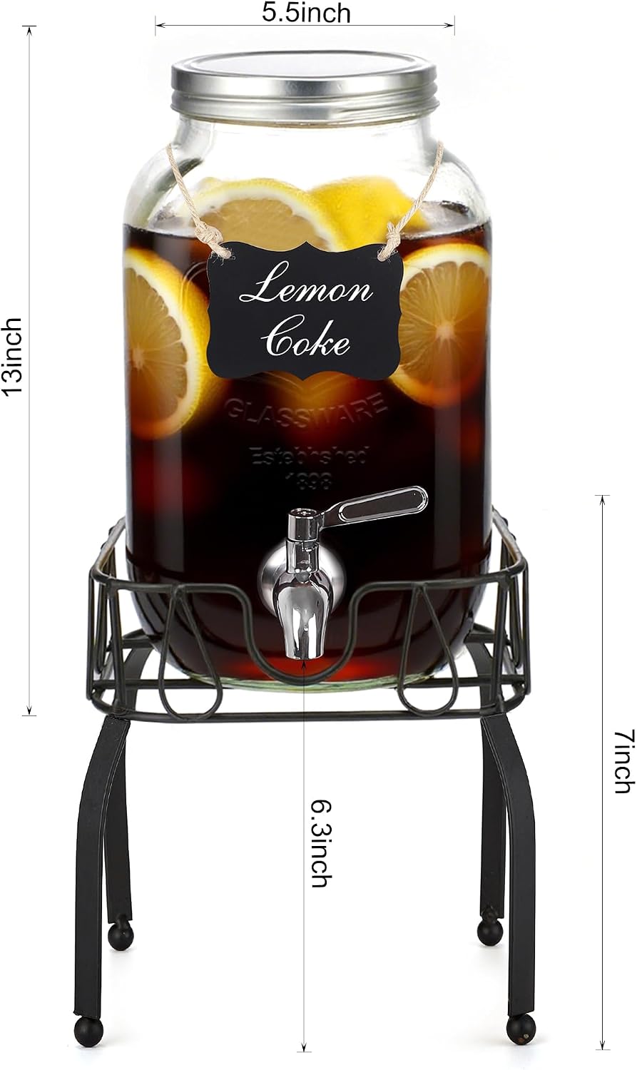 1 Gallon Glass Drink Dispensers for Parties, 2PACK Beverage Dispenser with Stand, Ice Cylinder and Stainless Steel Spigot 100% Leakproof, Beverage Dispenser for Lemonade Sun Tea