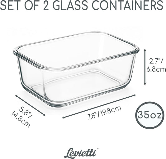 Levietti 2-Pack Borosilicate Glass Food Storage Containers with Lids 35oz (1040 ml) — Airtight Leakproof Meal Prep Containers, BPA-Free Snap Lock Lids, Oven Microwave Freezer Dishwasher Safe