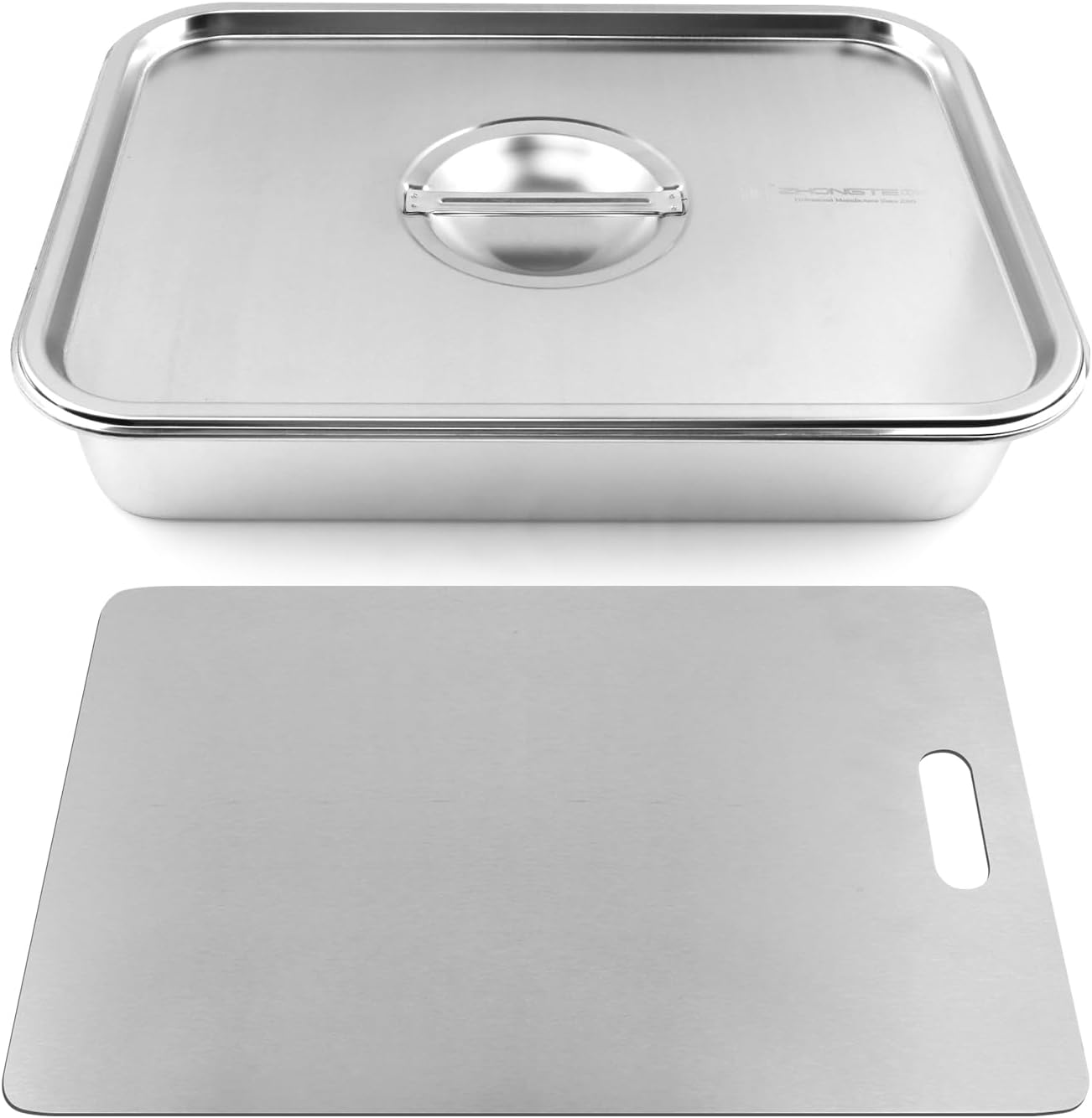 Grilling Prep and Serve Tays Set of 4, Stainless Steel Large Food Prep Tray, Grill Carry System, Marinade Container with Lid and Cutting Board, BBQ Grill Accessories (Color:Sliver)