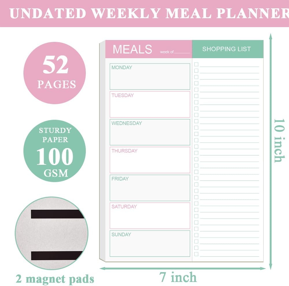 Magnetic Meal Planning Pad for Fridge - 10" x 7" Meal Planning Pad with Tear Off Shopping List. 52 Weeks Undated for Meal Planner and Grocery List with Magnet