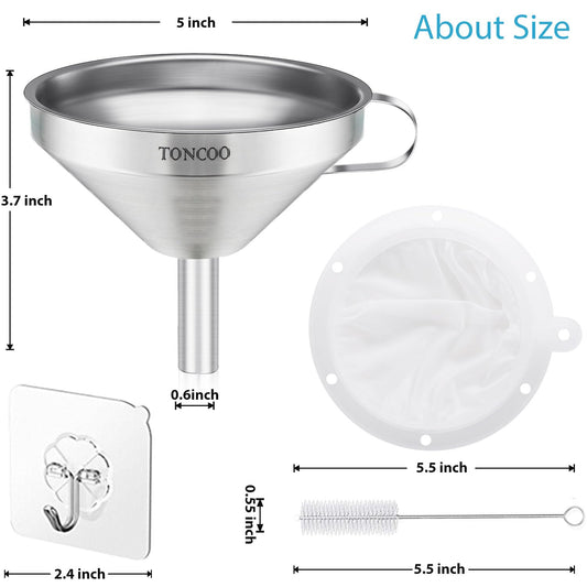 5 Inch Stainless Steel Funnel with Strainer and 200 Fine Mesh Filter, Food Grade Metal Funnel, Cooking Oil Filter, Oil Strainer for Deep Fryer, Milk Strainer, Funnels for Kitchen Use Filling Bottles