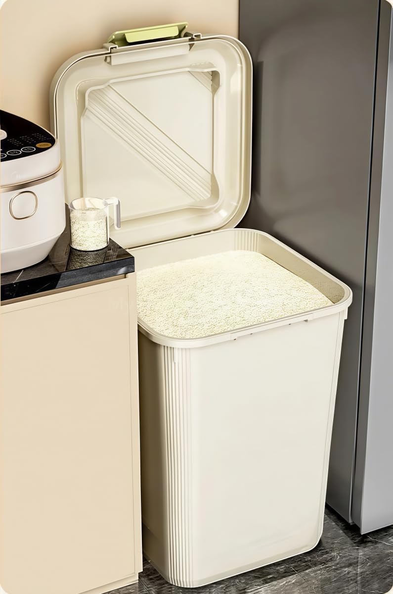 10KG Airtight Rice Storage Container with Measuring Cup, Food Grade Grain Storage Bin with Double Seal Buckle, Rice Box for Rice, Beans, Cereal and Pet Food, Kitchen Pantry Organizer (10KG with cup)