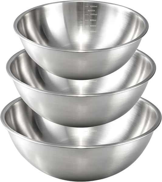 Gronivex 304 Stainless Steel Mixing Bowls, 3-Piece (1.5, 2.2 & 3.4 Qt) | Thicker-Gauge, Food-Grade Metal, Stackable Nesting & Space-Saving – For Kitchen Baking, Salads, Meal Prep, RV & Camping Use