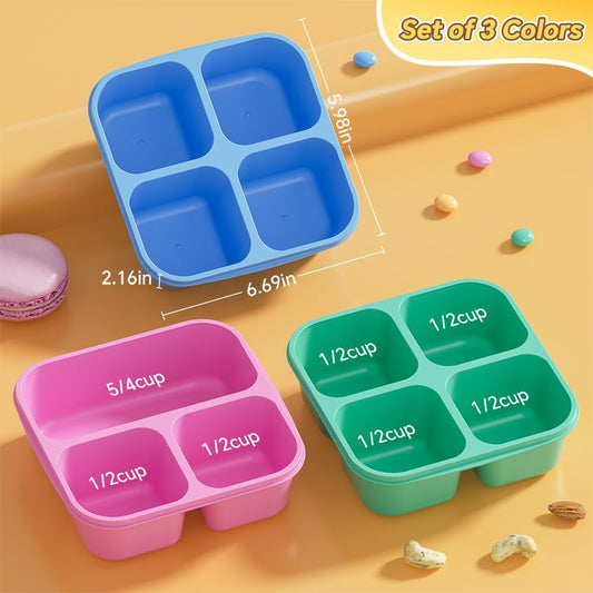 6 Pcs Snack Box Container Set, Reusable 3&4 Compartment Meal Prep Snack Containers for Adults Kids Toddler, BPA-Free Divided Lunchable Container for School, Work and Travel (Transparent Lids)