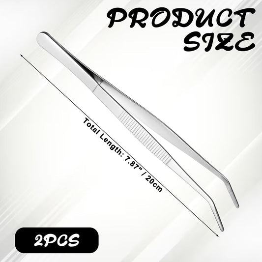 2 PCS 8 Inch Stainless Steel Tweezers with Curved Serrated Tip Kitchen Long Tweezers Set Heavy Duty Sewing Machine Tweezer Long Aquarium Tweezer Reptile Feeding Tongs for Cooking Crafting Repairing