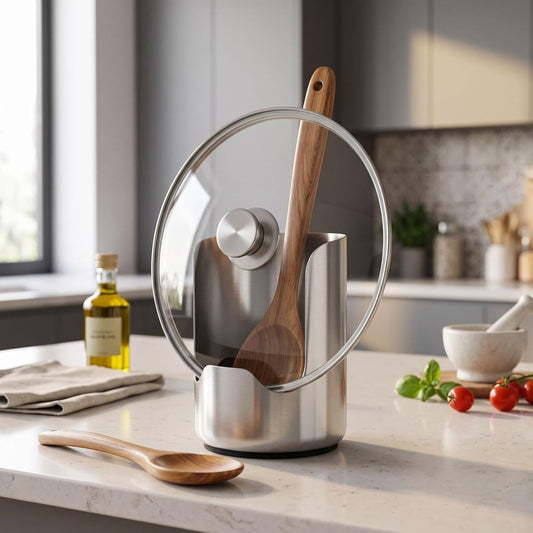 2 In1 Multi-functional Kitchen Utensil Holder, Heavy Duty Stainless Steel Pot Lid & Spoon Rack, Space-Saving Vertical Stand for Spatulas,Tongs,Ladles, Countertop Organizer,Thickened Storage Stand