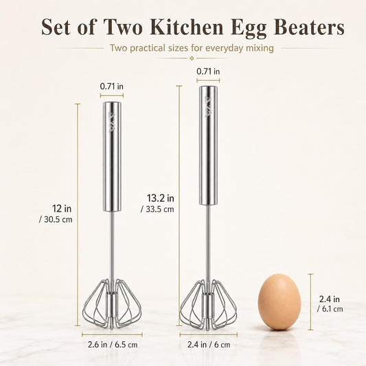 Stainless Steel Semi-automatic Egg Whisk, 2 Pack 7.9in & 11.8in Hand Push Mini Whisk, Effortless Egg Scrambler for Baking Cooking Whisking Beating & Stirring