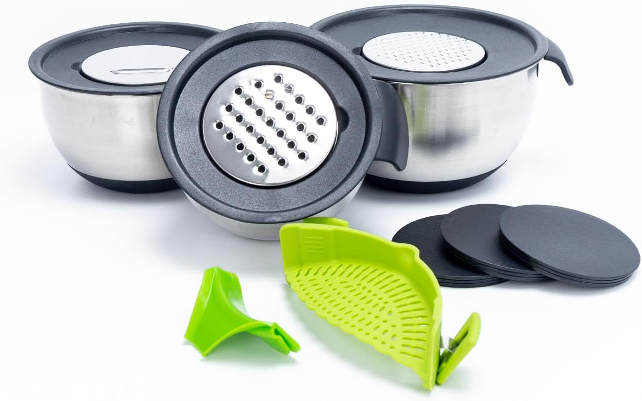 Homeware Stainless Steel Mixing Bowl With Lids Set Handles for Holidays: Gift Set For Kitchen With Pour Spout Non Slip Silicone Base On Bowls Strainer Graters For Kitchen