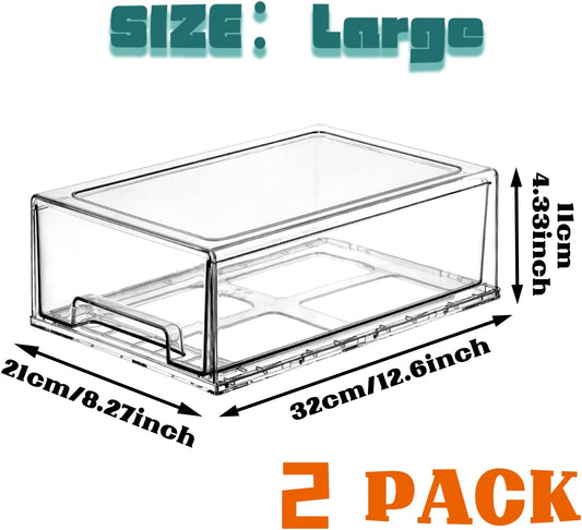Clear Stackable Refrigerator Organizers and Storage Drawers - Pull-Out Fridge Bins with handles for Kitchen,Pantry,Cabinet,Bathroom, Undersink,Closet (2 Pack)
