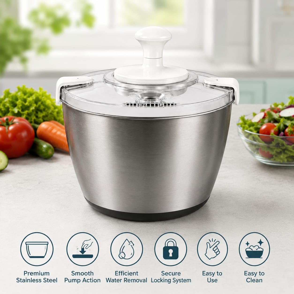 Stainless Steel Salad Spinner Large Capacity 5Qt – Hand Crank Vegetable Washer & Dryer with One-Touch Stop, Drainage Spout, Non-Slip Base – Dishwasher Safe Kitchen Tool for Lettuce & Fruit