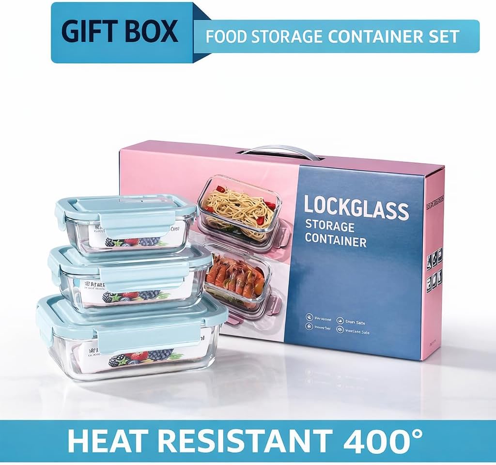 Glass Food Storage Containers with Lids, 3 Pack (14oz / 24oz / 36oz), Glass Meal Prep Containers, Airtight & Leak Proof Bento Boxes, Microwave Oven Freezer Safe Kitchen Storage Containers