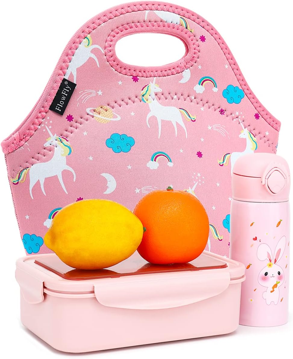 FlowFly Neoprene kids Lunch box Insulated Soft Bag Mini Cooler Thermal Meal Tote Kit for Boys, Girls,Men,Women,School,Work, Office,Black
