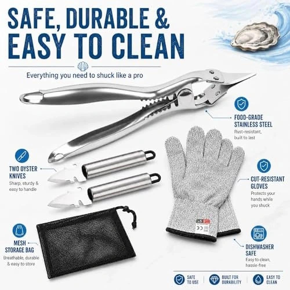 5 Pcs Oyster Shucker Machine 2026 New Oyster Opener Kit Professional Stainless Steel Clamp with 2 Knives Cut Resistant Glove Mesh Bag Helps Keep Juice for Seafood BBQ Camping Kitchen