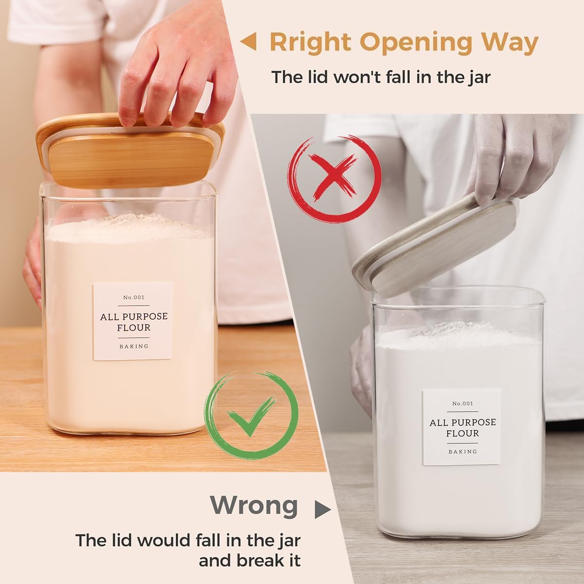 CZZGSM 2 Pack Square Glass Flour and Sugar Containers with 132 Kitchen Pantry Labels - Thicken 149 FL OZ Large Glass Storage Jars with Airtight Bamboo Lid - Big Food Canisters for Rice, Pasta, Cookie