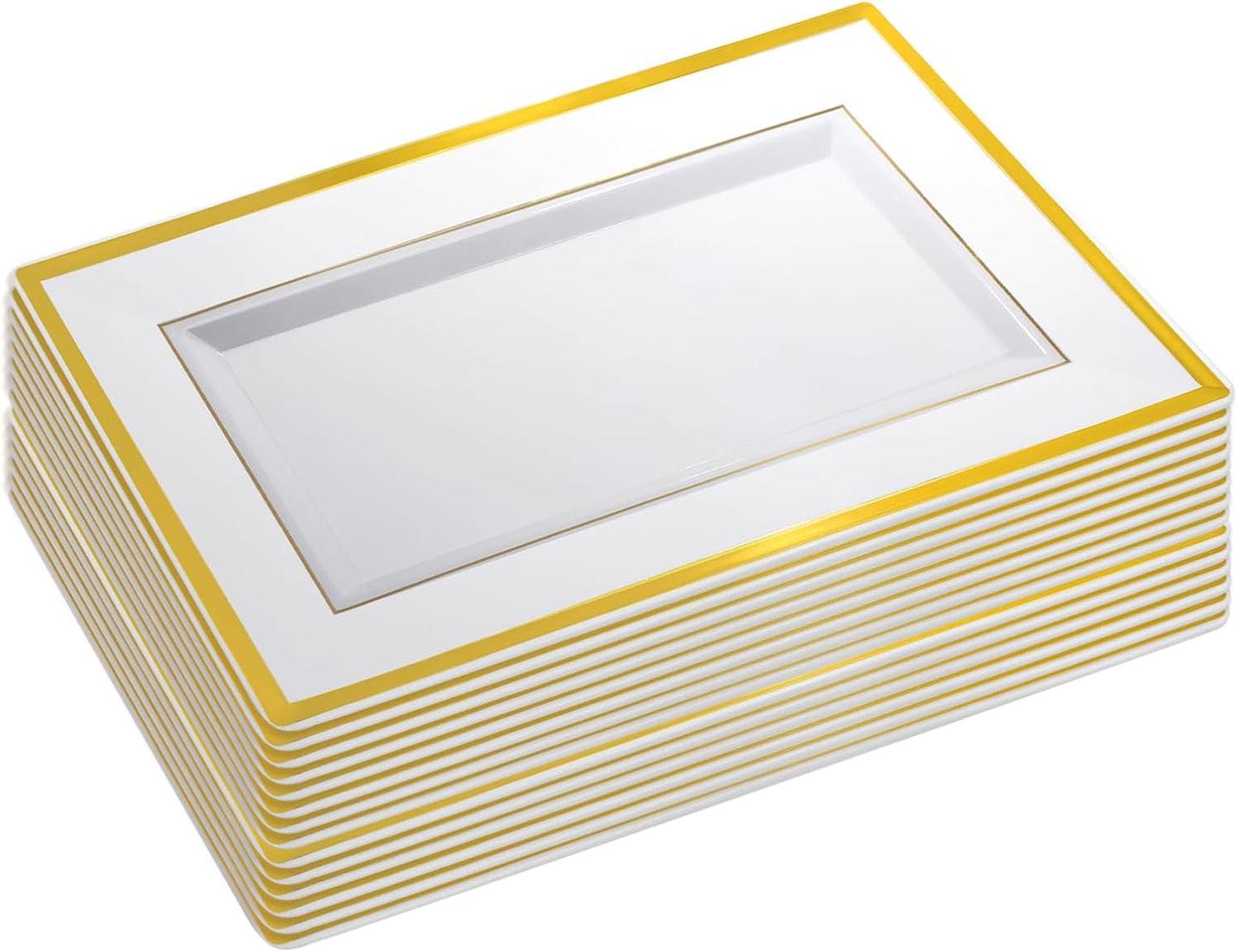 Uenhoy 8 Pcs White Plastic Serving Trays for Party 13" x 8" Rectangle Dessert Trays & Platters with Gold Trim, Fruit Tray Disposable Platters for Cupcake Cookie Dessert Appetizers