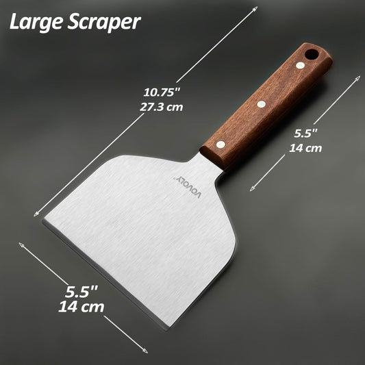 Vovoly Extra Wide Griddle Scraper, 5.5''x5.5'' Smashed Burger Scraper Grill Scraper Spatula Burger Turner - Full Tang Wooden Handle Professional Grade Grill Accessories, Knife Grade Stainless Steel