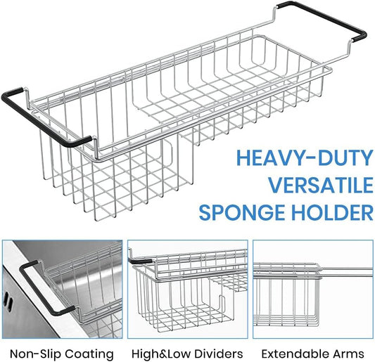TreeLen Over The Kitchen Sink Caddy Sponge Holder Organizer Drying Rack Expandable for Sponge Brush Soap 13.8" to 20.8", Stainless Steel