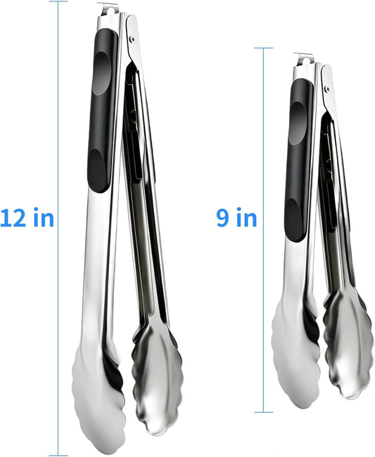 2 Pcs 9/12 Inch Kitchen Tongs for Cooking, BBQ & Salad - Heat-Resistant Stainless Steel Locking Tongs Set, Dishwasher Safe - Premium Kitchen Appliances & Cooking Tools