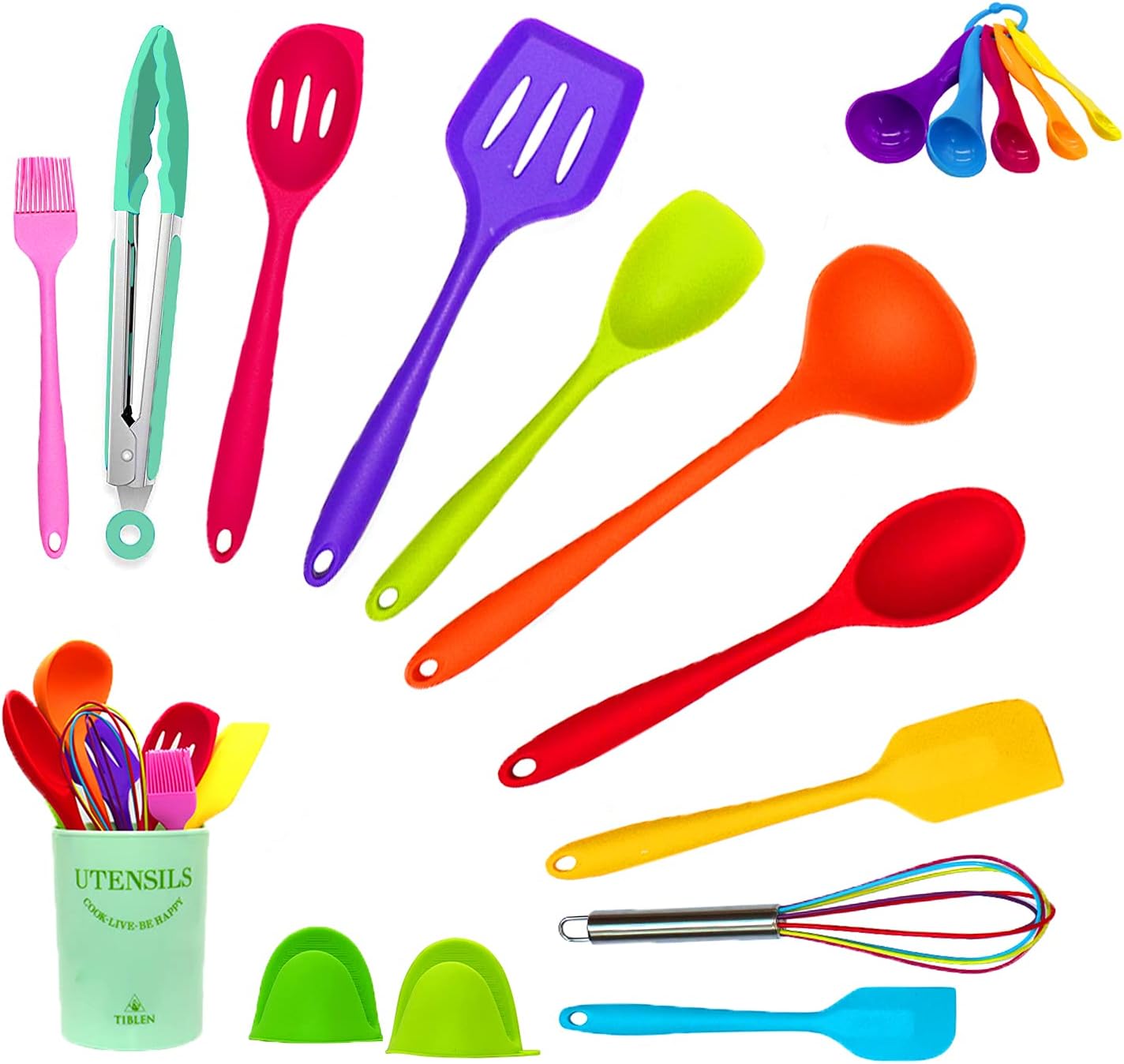 18-Piece Silicone Kitchen Utensils Set, Colorful Non-Toxic Cooking Tools, BPA Free Heat Resistant to 446°F, Safe for Non-Stick Cookware, Spoons Spatula Tongs Whisk Ladle, Dishwasher Safe by TIBLEN