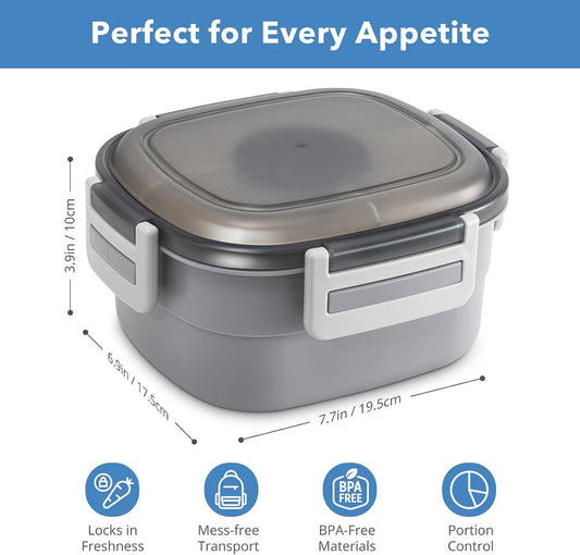 Salad Container for Lunch - 55 oz Salad Bowl with 4-Compartment Bento-Style Tray, 3 oz Sauce Box, Reusable Spork & BPA-Free, Lunch Box for Meal Prep & Food Storage(Gray)
