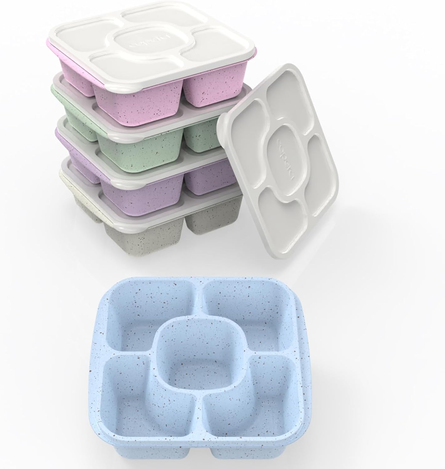 Caperci 5-Pack Lunchable Container Set for Kids & Adults - Reusable Bento Snack Box Containers with 5-Compartment for Food Storage & Meal Prep, Wheat Straw, BPA-Free (Dark & Clear Lids)