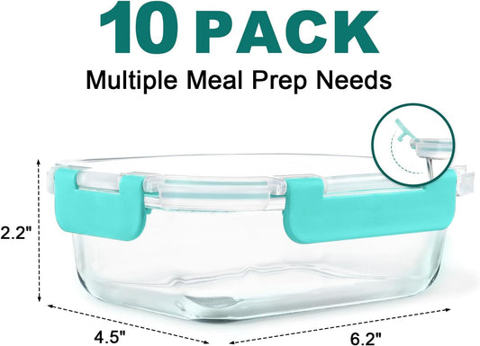 KAMOTA Glass Food Storage Containers, 10 Pack Glass Meal Prep Containers, Airtight Containers with Snap-Lock Lids, 22 oz Grey Container Set with Lids, for Microwave/Oven/Freezer/Dishwasher