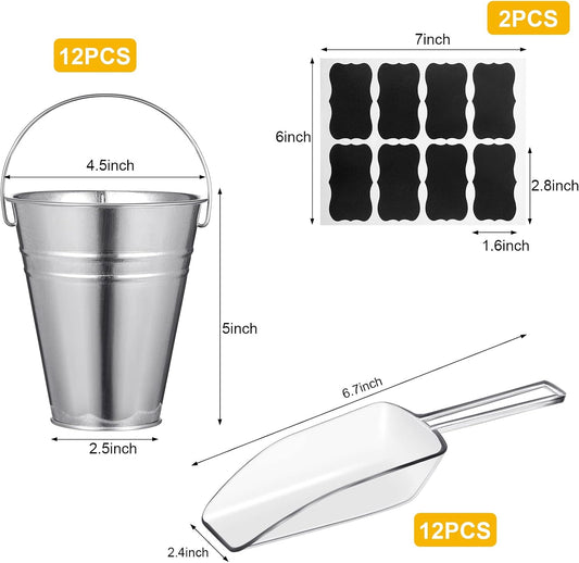 Harloon 12 Pcs Galvanized Bucket with 12 Clear Plastic Ice Scoop 20.3 oz Metal Beer Bucket with Handle Metal Pail Mini Toy Container 16 Blackboard Sticker for Candy Popcorn Snacks Party Supplies