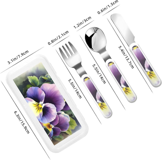 Stainless Steel Kids Silverware Set, Pansy Perfection Utensil Set Reusable Children Safe Knife Spoon Fork Set With Storage Case Dishwasher Safe For Lunch, Travel Outdoors