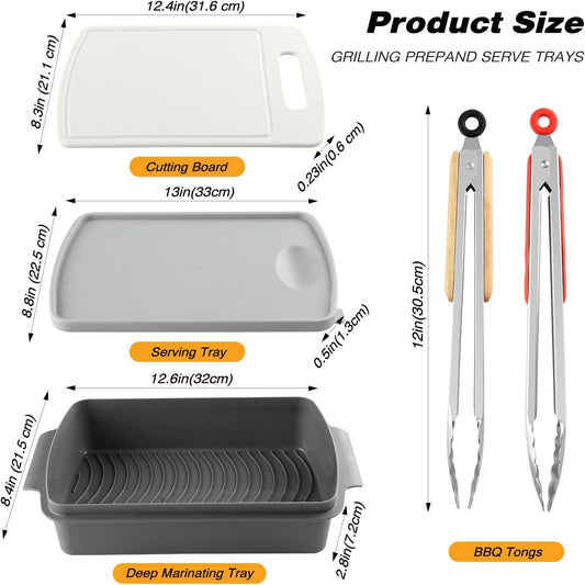 Sunmei Grill Prep and Serving Trays, 3-in-1 Stackable BBQ Food Tray, 5PCS BBQ Serving Set with Marinating Container, Serving Platter, Cutting Board and 2PCS Colored 12-Inch Grill Tongs (Green)