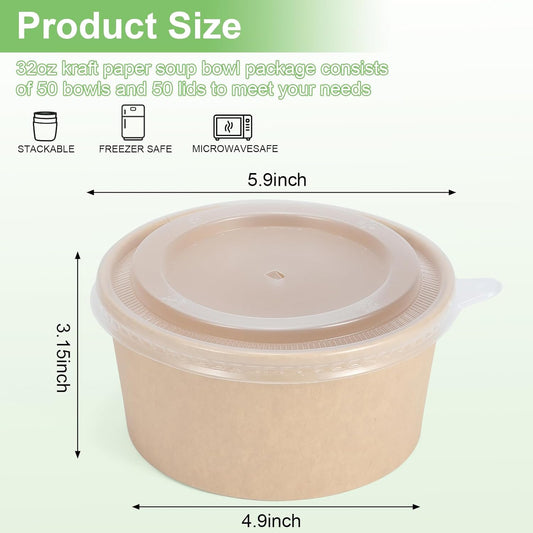 50 Pcs 32 Oz disposable meal prep containers,paper bowls with lids,disposable soup bowls,soup bowls disposable hot/cold,disposable salad bowls with lids,