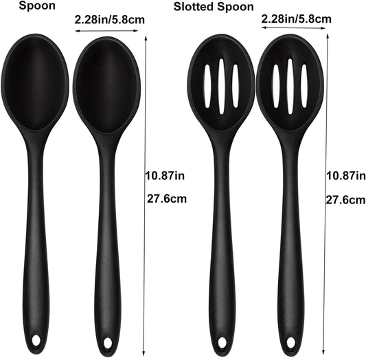 Silicone Cooking Spoon, Nonstick Kitchen Spoons Set for Cooking,Slotted and Solid Serving Spoon Heat Resistant, Silicone Mixing Basting Stirring Spoons for Nonstick Cookware 4 Pack (Black)