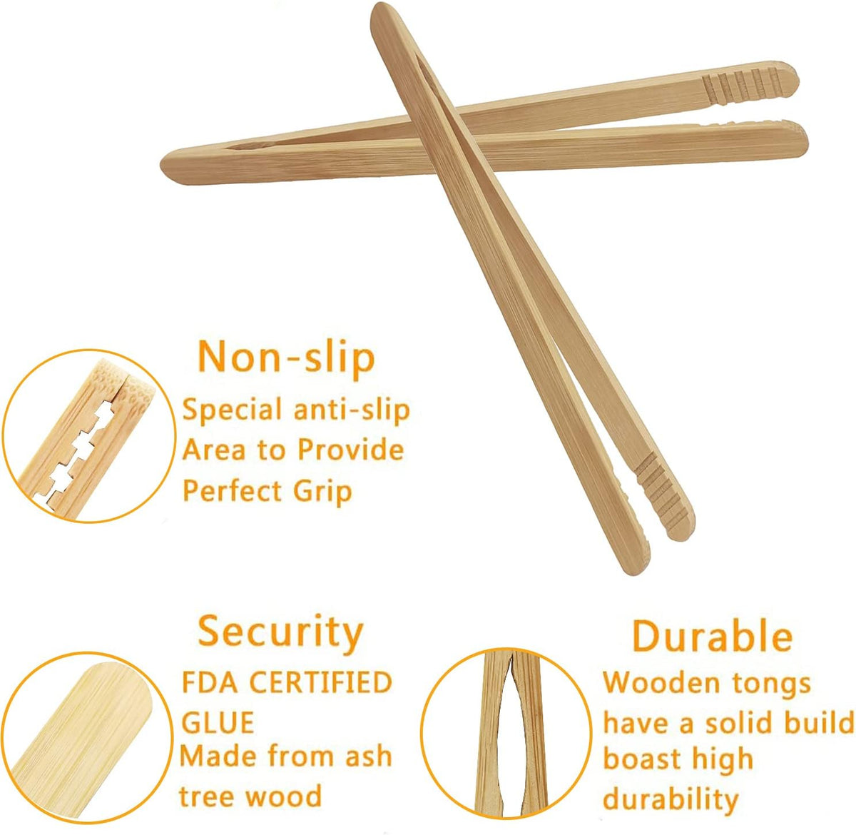 7 Inch Bamboo Kitchen Utensil Tongs for Toast, Kimchi, 8 Pcs