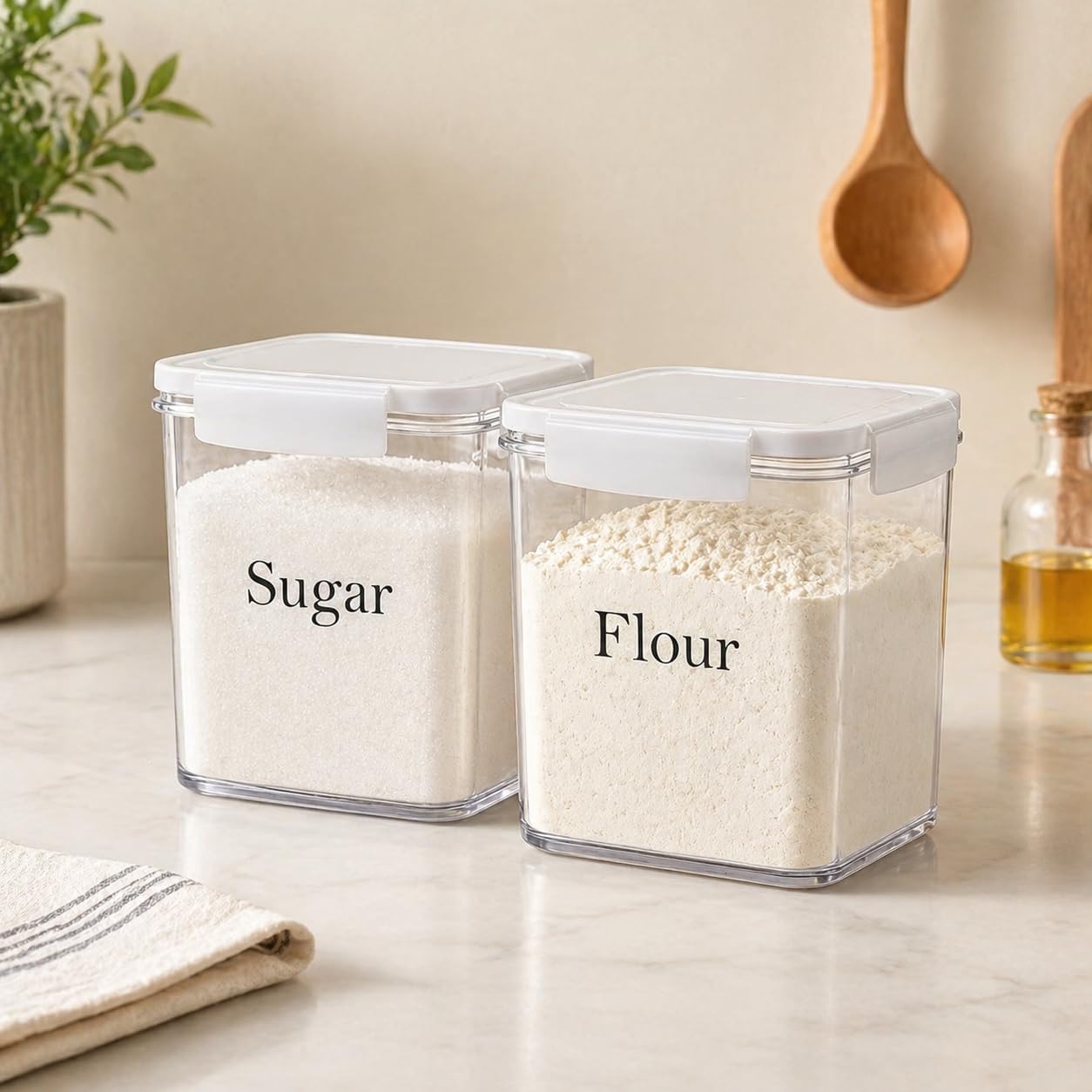 Set of 2 Large Food Storage Jars 4L - Airtight Containers with Lids, White with Free Spoon - Kitchen Canisters for Sugar,Flour,Coffee,Pantry Organization-S