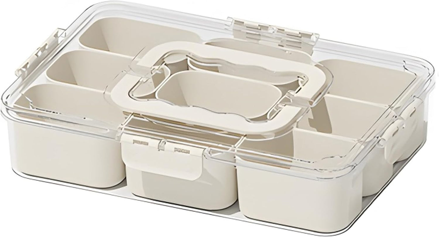 Divided Serving Tray with Lid and Handle - 9 Compartment Snack Box Container Portable Storage Organizer Container for Fruit, Candy, Veggie, Nuts, Spices& Snacks, Perfect for Party, Travel& Picnic