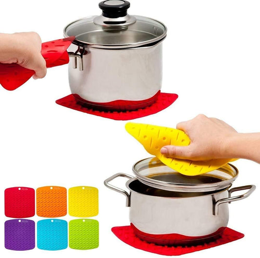 Trivets, Mitts,Spoon Rest and Garlic Peeler Hot Pads Multipurpose Kitchen Tool. 7x7 Potholders(Set of 6),Dishwasher,Durable, red/Green/Blue/Orange/Yellow/Purple