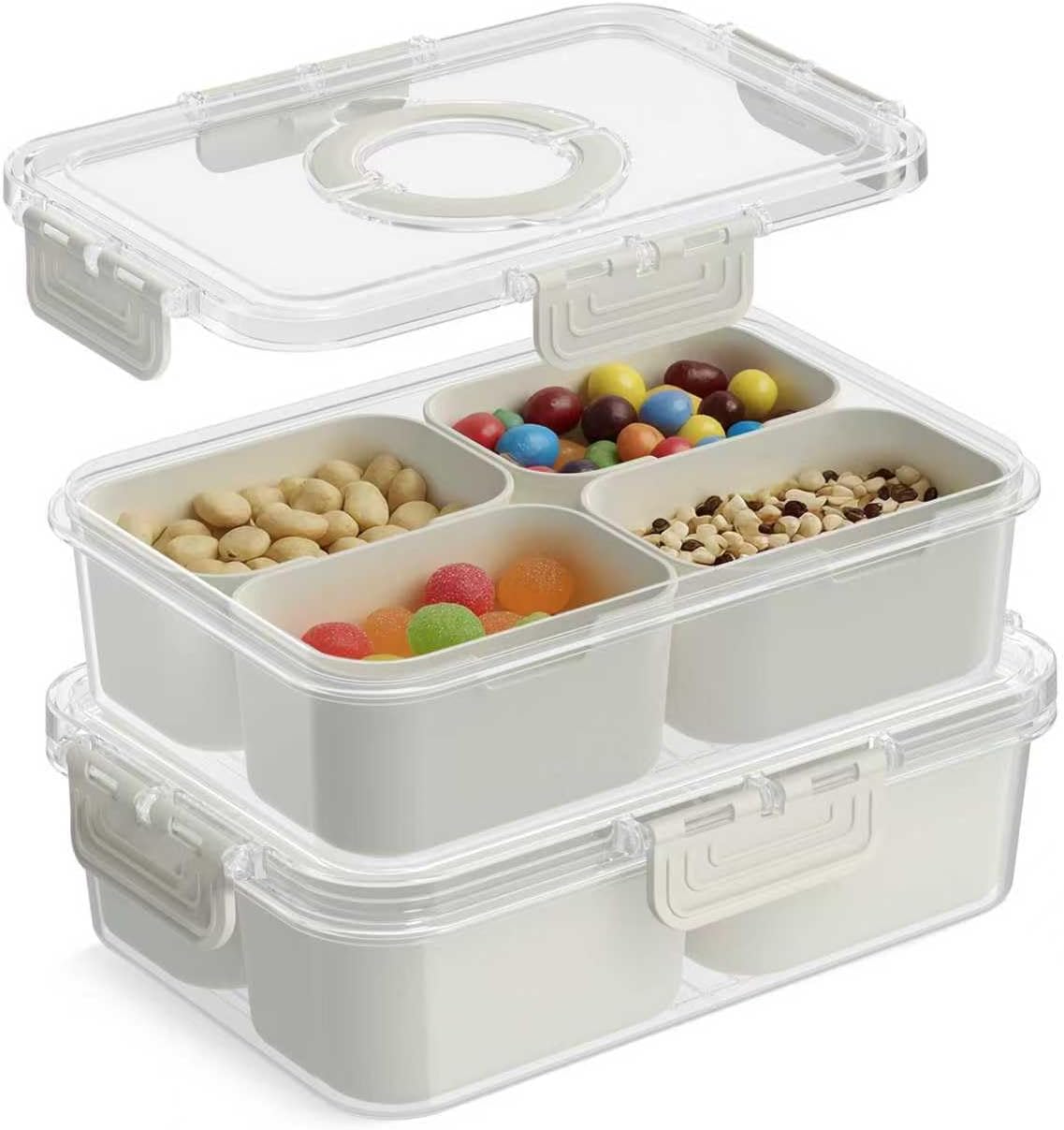 Snackle Box Container, Upgrade Dishwasher,Safe Snack Box for Adult Kids, 4 compartments Plastic Divided Serving Tray with Lid and Handle for Candy, Fruits, Snacks, Nuts,Small,White,1 Pack