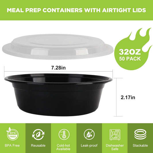 Meal Prep Containers with Lids - 50Pack 32OZ Meal Bowls, Round To Go Containers, BPA-Free, Freezer & Dishwasher Safe