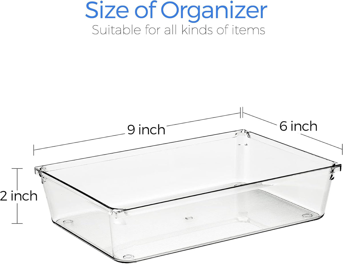 Ravinte 6 Pack Drawer Organizer - 3" X 9" Plastic Storage Bins, Acrylic Organizers with Non-Slip Pads Clear Desk Storage Tray for Makeup, Jewelries, Kitchen Utensils, Bathroom and Office